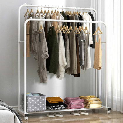 Double Clothes Rail Rack Garment Hanging Display Stand 4 Wheels Portable Armoire