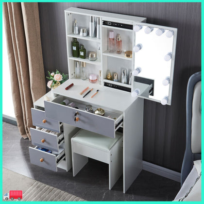 Large Dressing Table Stool Set with LED Lighted Mirror Vanity Makeup Desk White