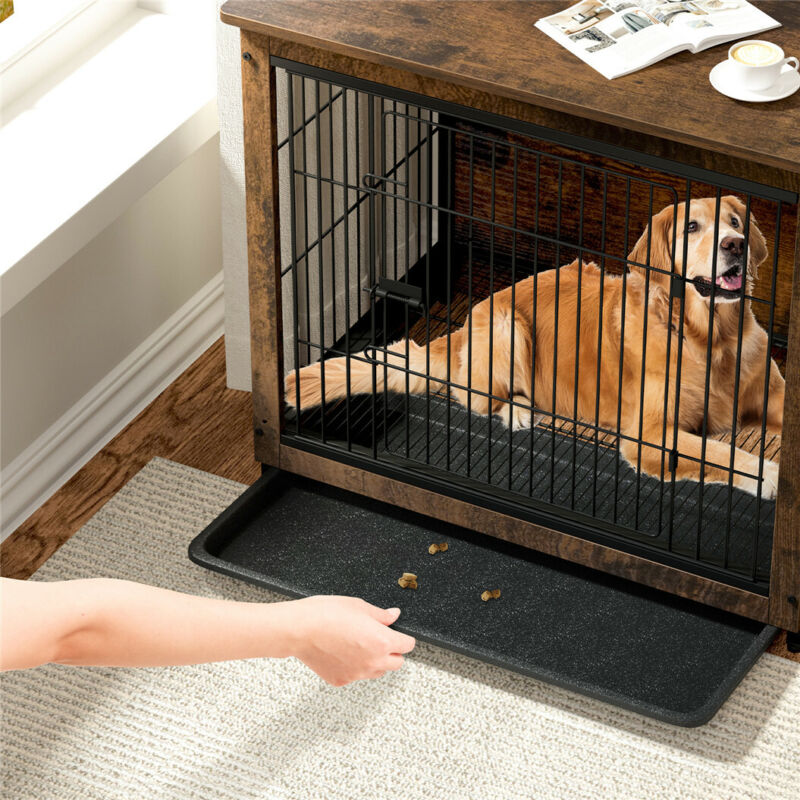 Chew-Proof Wooden Dog Crate Wood Wire Pet Kennel Home Side Table with Slide Tray