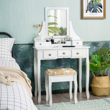 Vanity Dressing Table 5 Drawers Make Up Desk Padded Stool Set W/ Rotating Mirror