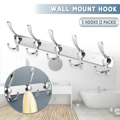 2 Pack Stainless Steel 15 Hooks Coat Clothes Door Holder Rack Hook Wall Hanger