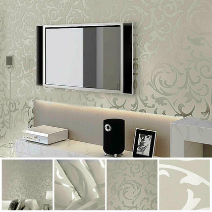 Modern Home Decor Metallic Textured Damask Embossed Wallpaper Soft Gray Silver