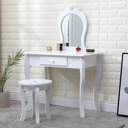 Girls Dressing Table Set with Mirror & Stool Kids Vanity Makeup Table w/ Drawer