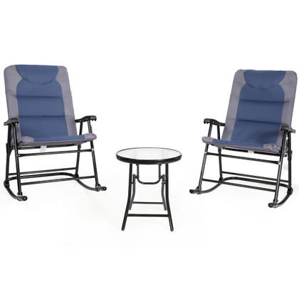 3 PCS Folding Garden Patio Bistro Set Rocking Padded Chairs Glass Coffee Table