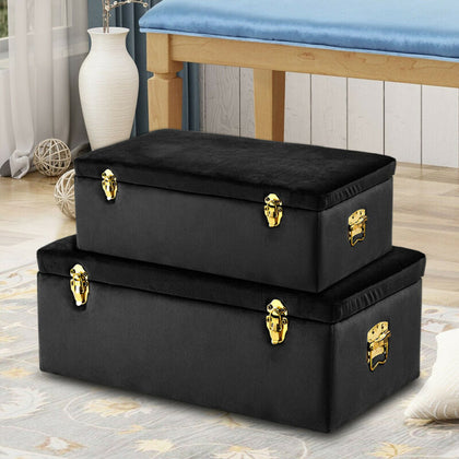 Set of 2 Velvet Wood Storage Trunks Chests Box Case Bedroom Living Room Lockable