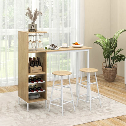 3 PCS Kitchen Dining Table Set Industrial Pub Table & Stools w/ Storage Shelves