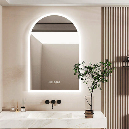 Vertical Arch-Shape LED Bathroom Mirror Backlit Frameless Lighted Mirror w/ Time