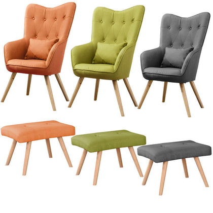 Vintage Fabric Wingback Chair Accent Tub Armchair with Oak Legs Footstool Lounge