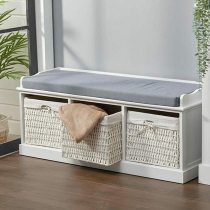 Hallway Shoe Storage Bench With 3 Rattan Baskets Organizer Cushion Padded Seat