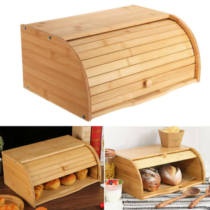 Bread Bin Bamboo Wooden Roll Top Retro Kitchen Loaf Food Storage Box Container