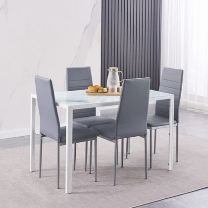 4x Grey Faux Leather Dining Chairs&White Marble Tempered Glass Dining Table Set
