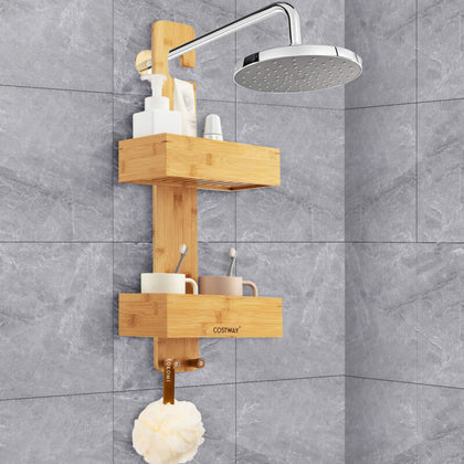 Bamboo Shower Caddy Hanging Bathroom Rack Shower Baskets 2 Shelves 2 Hooks