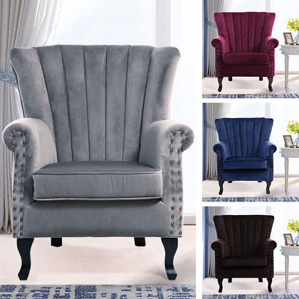 Velvet Fabric Armchair Lounge Tub Chair Queen Anne Fireside Sofa Oyster Wingback