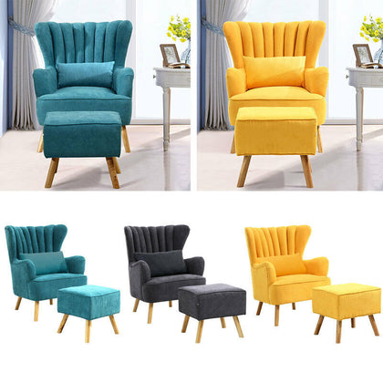 Scalloped Wingback Armcahir Chenille Velvet Single Sofa w/ Footstool Club Chairs