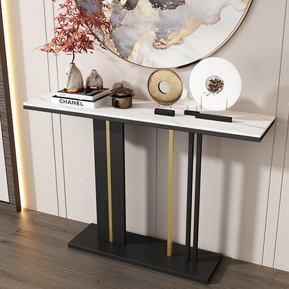 Rectangle Console Table Hall Marble Slate Accent Table with Large Pedestal Base