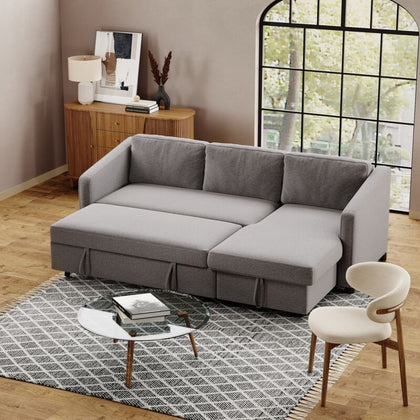 Universal Grey Sofa Bed Corner Fabric Sleeper Pull Out Storage Reversible Chaise