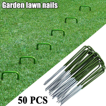 50x GREEN U SHAPE PINS FOR ARTIFICIAL GRASS TURF GALVANISED TENT GROUND PEGS UK