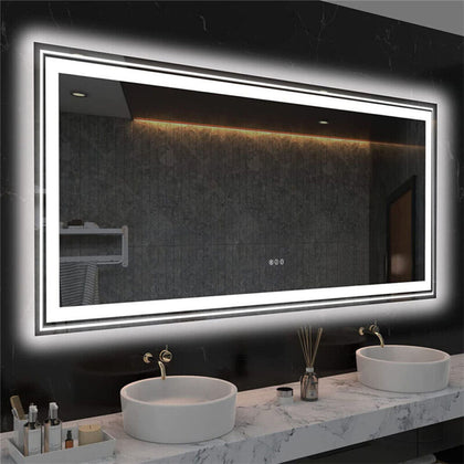 48x24in Rectangle Bathroom Mirror LED Vanity Dimmable Anti-Fog Makeup Wall Mount