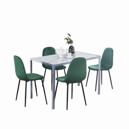 4pcs Green Velvet Dining Chairs & Grey Marble Tempered Glass Dining Table Set