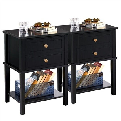 Black Bedside Cabinets Set of 2 Nightstands with 2 Drawers and Shelf for Bedroom