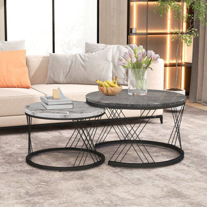 Round Coffee Table Set of 2 Side End Table Nesting Tables with Metal Frame BT