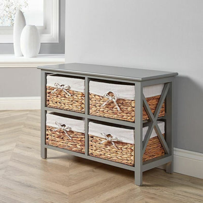 Grey Wooden Storage Unit 4 Drawer Chest Water Hyacinth Basket Hallway Organiser