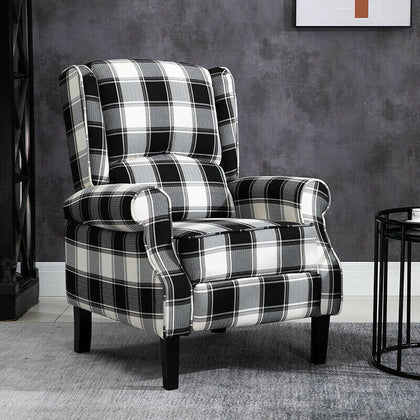 Black Check Recliner Armchair Wing Back Fireside Check Fabric Sofa Lounge Chair
