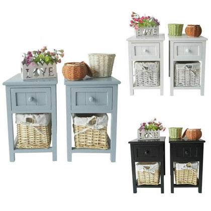 2 x Wood Bedside Tables Night Stand Cabinet Storage Drawer Wicker Baskets UK