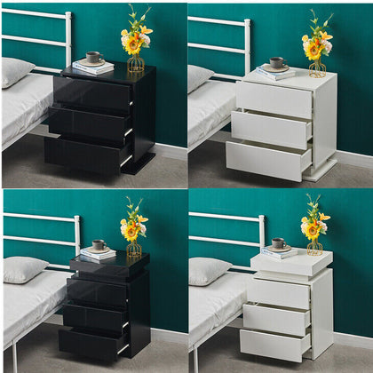 Black White LED Light 3 Drawers Bedside Table High Gloss Cabinet Side End Table