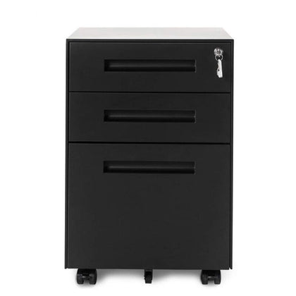 3 Drawer Modern Steel Drawers Filing Cabinet w/ 5 Wheels Lock Pencil Box Black
