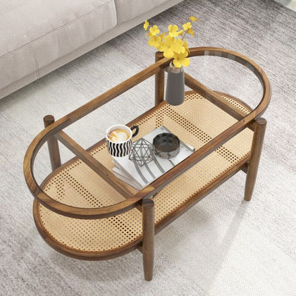 2-Tier Coffee Table PE Rattan Sofa Side Table Nightstand Tempered Glass Tabletop