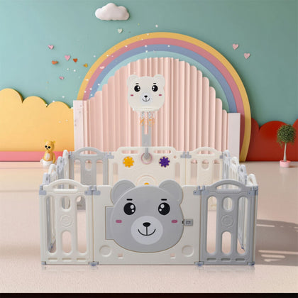 12+2 Panels Baby Playpen Foldable Kids Safety Activity Center & Basketball Hoop