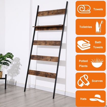 5-Tier Blanket Ladder Shelf/Wooden Towel Rack/Wall Leaning Shelf for Bathroom