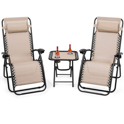 3 PCS Zero Gravity Lounge Chair Set Folding Outdoor Sun Lounger with Tea Table