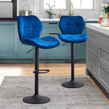 2x Velvet Breakfast Bar Stools Swivel Gas Lift Chairs Kitchen Pub Chair Blue