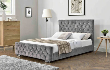 Modern King Size Bedframe Diamante Upholstered Velvet Silver Fabric Chrome Legs