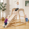 6 in 1 Wooden Climber Playset Double-sided Ramp Monkey Bars Climbing Net Ladder