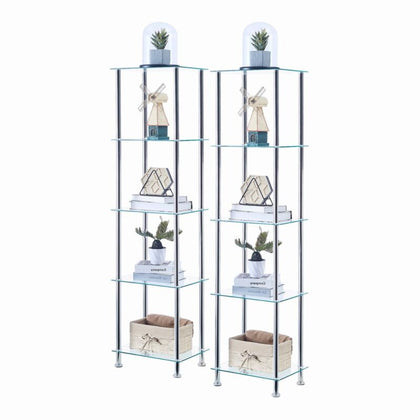 Pair of 5 Tiers Clear Tempered Glass Side End Lamp Sofa Table with Storage Shelf