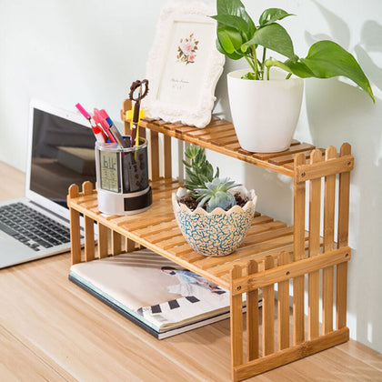 2 Tiers Bamboo Desk Storage Organizer Desktop Display Shelf Rack for Home Office