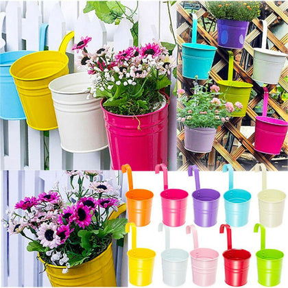 5X Metal Iron Flower Pots Balcony Garden Wall Fence Hanging Plant Planter Bucket