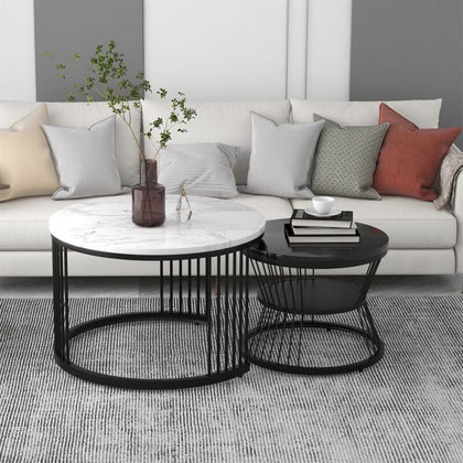 Modern Round Coffee Tables Set of 2 End Table Nesting Tables Marble Pattern QA