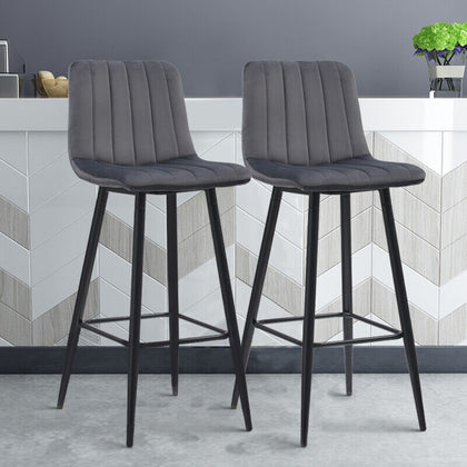 2X Grey Velvet Bar Stools Breakfast Stool Kitchen Pub Chair Metal Leg Modern