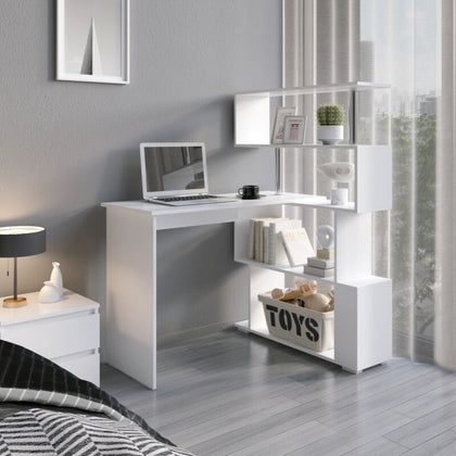 L Shaped Computer Desk Corner Desk 360 Degree Rotatable Shelves Space Saving