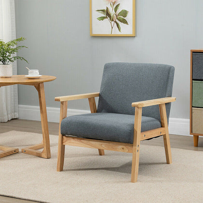 Wooden Single Seater Sofa Accent Chair Armchair Linen Fabric Living Room Grey