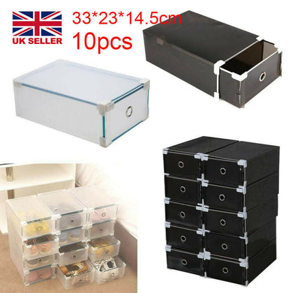10x Plastic Shoe Storage Boxes Drawer Stackable Foldable Organiser Clear / Black