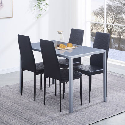 4pcs Black Faux Leather Dining Chairs & Grey Tempered Glass Dining Table Set