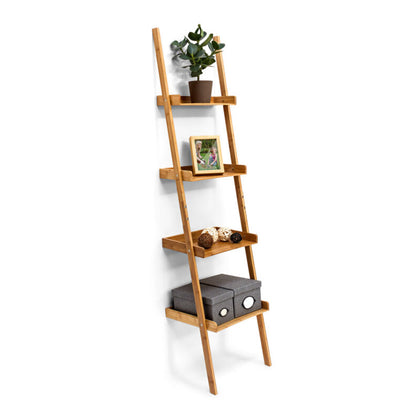 Bamboo Ladder Bookshelf 4 Shelves Wall Bookcase Wooden Storage Shelf