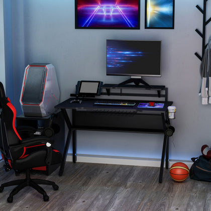 Gaming Desk Computer Table w, Cup Holder Headphone Hook , Cable Basket Metal