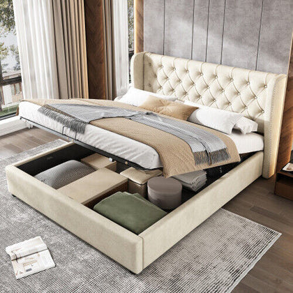 Merax Upholstered Bed Functional Bed from Storage Double Size Beige Velvet