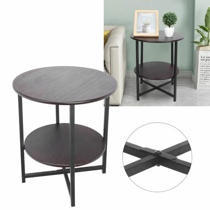 2-Tier Round Side End Table Metal Wood Coffee Tea Sofa Desk For Home Living Room
